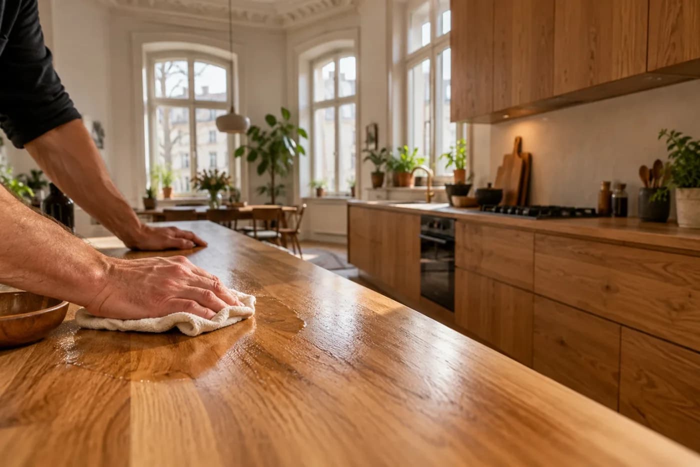 KI-Beispielbild zu einem Artikel über Massivholzküchen: Hände ölen eine Eichen-Arbeitsplatte in einer Altbauküche