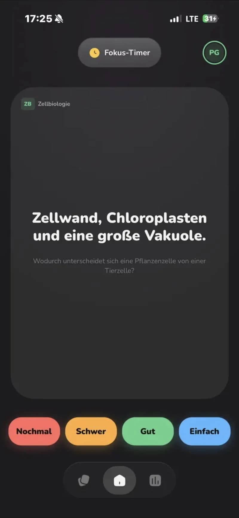nobrainer-App: Rückseite einer Karteikarte aus dem Deck Zellbiologie, darunter die Bewertungen Nochmal, Schwer, Gut und Einfach
